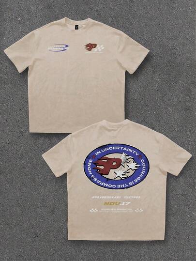 Manfinity ZONE917 Herr-T-shirt med rund hals och pentagramtryck, avslappnad och kortärmad för vardagsbruk