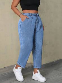 SHEIN ICON Jeans sueltos y casuales de unicolor talla grande con bolsillos, versátiles para uso diario - Lavado ligero - Ver 4