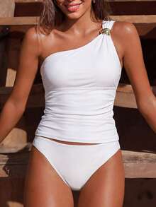 Swim Vcay 2026 Spring/Summer Metallic Shoulder Strap Fitted Vacation Camisole Suitable For Beach Photography, White Women's Bikini Top - White - View 3