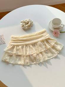 Comfortcana 女士腰部褶皱黄色花朵蕾丝双层荷叶边蕾丝时尚半身裙 2026 新款春夏时尚女装，适合海滩度假休闲穿着 - 杏色 - 查看 2