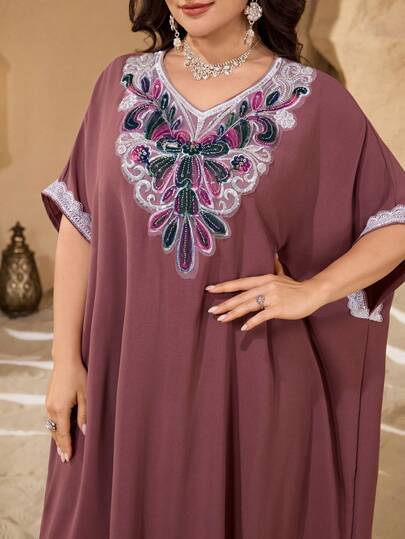 Al Najma Plus Size Women's V-Neck Rhinestone Decor Elegant Luxurious Arabic Style Dress, Everyday Wear