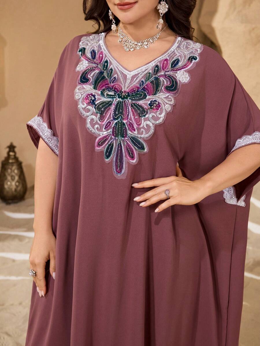 Al Najma Plus Size Women's V-Neck Rhinestone Decor Elegant Luxurious Arabic Style Dress, Everyday Wear - Pink - View 1