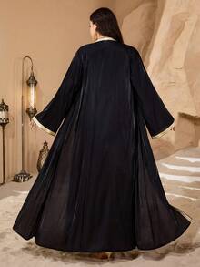 SHEIN Najma Abaya elegante de manga larga para mujer de talla grande, con bordados, lentejuelas y patchwork, estilo del Medio Oriente - Negro - Ver 2