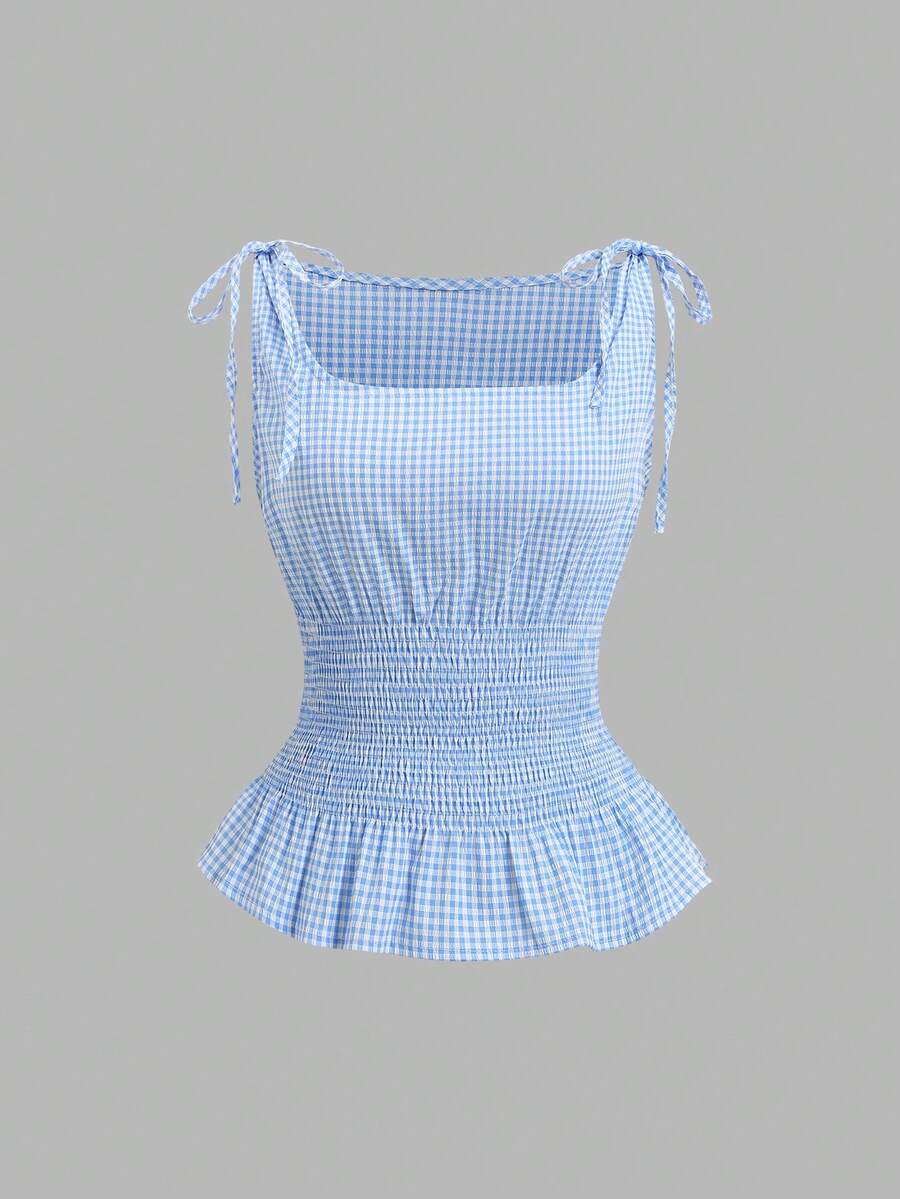 Sweetra Women's Multi-Wear Square Neck Plaid Pleated Sleeveless Cropped Top - Baby Blue - View 1