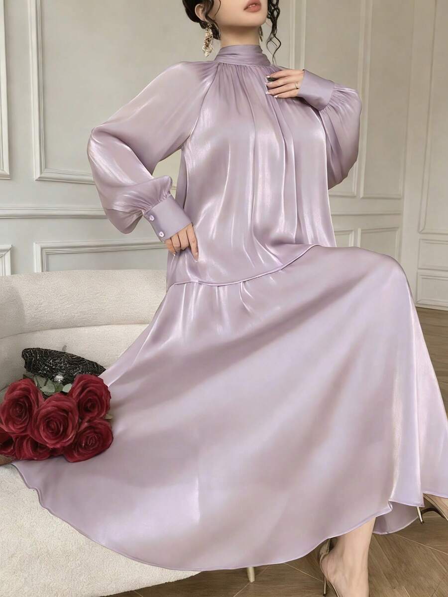 DAZY 女士优雅纯色系带领衬衫和半裙两件套,春夏款 - 粉色 - 查看 1