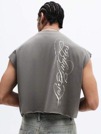 SUMWON Sleeveless Crew Neck Tank With Los Angeles Cursive Script Graphic Print And Muscle Fit Vintage Inspired Street Style Tee