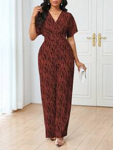 Lyxana V领短袖条纹印花弹力腰修身优雅休闲连体裤（女款） - 彩色 - 查看 6