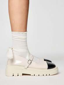 ROMWE Kawaii Scarpe da donna alla moda con fiocco decorativo e allacciatura - Giunzione nera + bianca - Visualizzare 4