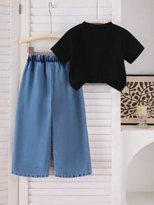 2pcs/Set Girls (Small) Black Cherry Print Short Sleeve T-Shirt Top And Blue Bow Pocket Straight Pants Casual Summer Children Cute Outfit - Black - View 2