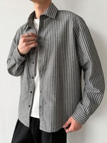 Manfinity Hypemode Men's Striped Long Sleeve Single-Breasted Casual/Business Shirt Drop Shoulder Shirt Men Loose Shirts Men Stripe Shirt Long Sleeved Shirt Men Black And White Shirt Baggy - Black and White - View 6