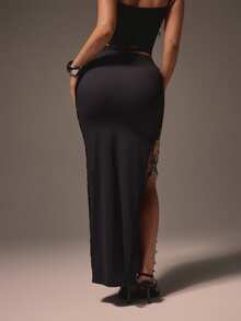 MISSGUIDED Lace Trim High Waist Bodycon Maxi Skirt With Side Split Detail Evening Party Long Skirt - Black - View 3
