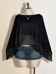 SHEIN ICON Áo kiểu nữ gợi cảm màu đen thời trang cổ bất đối xứng viền tua rua, thích hợp cho kỳ nghỉ. - màu đen - Xem 6