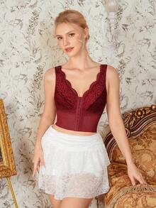 SHEIN Women's Lace Patchwork Sexy Versatile Date Party Shapewear Top - Burgundy - View 4