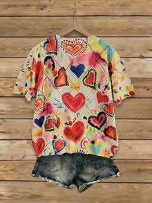 Resyla Women's 3D Heart Pattern Digital Printing Short Sleeve Knit Top - Multicolor - View 2