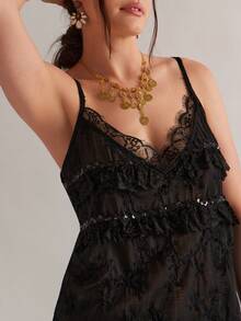 Freevana 大码女式夏季休闲蕾丝拼接吊带背心 - 黑色 - 查看 4