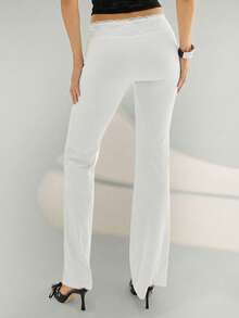 Aloruh Women's Solid Color Low Waist Lace Patchwork Black Maxi Pants - White - View 2