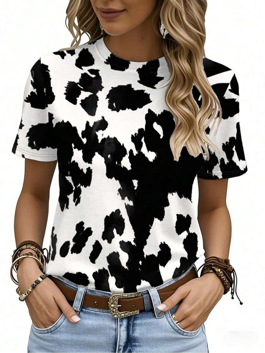 EMERY ROSE 女士撞色圆领短袖休闲百搭T恤 - 黑與白 - 查看 1