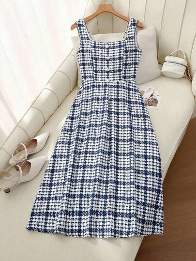 Ellevyn 女士优雅格纹印花方领收腰中长连衣裙，适合工作和通勤，夏季