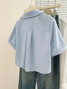 GlowEve New Summer Collared Short Sleeve Cropped Women Shirt - Blue - View 2