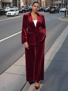 Maija Conjunto de chaqueta y pantalón de pierna ancha de unicolor con cuello de solapa y manga larga para mujer de talla grande, otoño - Burdeos - Ver 8