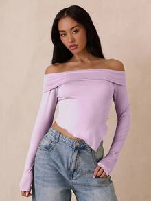 SHEIN Unity 女士纯色露肩长袖不对称下摆时尚上衣 - 淡紫色 - 查看 4