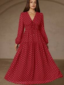 Aveloria Revavyn Đầm chiffon dài tay, cổ chữ V chấm bi cổ điển, dáng suông, thanh lịch, thắt nơ phía trước, chất liệu 18g. - Đỏ - Xem 4