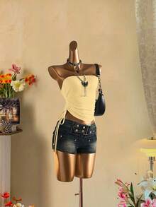 Attitoon Women's Casual Drawstring Tie-Front Cropped Camisole Top - Light Yellow - View 2