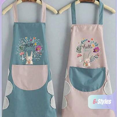 1 件花环兔子设计厨房围裙，防水防油情侣工作/烹饪围裙，可调节颈部，带 1 个毛巾口袋，适合母亲节/父亲节礼物，男女通用