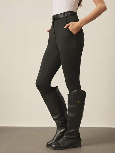 With My Calm 女士纯色斜插口袋修身骑行裤