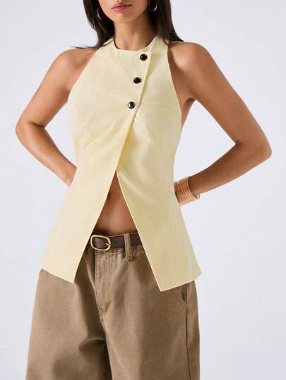 LYSMO 2026 New Arrive Minimalism Spring/Summer Women's Solid Color Sexy Halter Backless Thin Blazer/Vest/ Summer Tops/Summer Outfits For Women /Summer Holiday Outfits/ Summer Outfit For Women /Spring Outfit Women /Spring Break Outfits /Spring Top / Carnival Costume /Carnival Women Look 2026 /Party Top/ Beach /Beach Outfits For Women / Beach Outfit For Women/Going Out Tops For Women /Going Out Outfits / Elegant Women's Blouses / Elegant Blouses For Ladies/Vacation Outfits Women/Holiday Outfits For Women /Summer Holiday Outfits /Vacation Outfits For Women/ Summer Vacation Outfits/Casual Blouses For Women/ Y2k Clothes /2000s Style/Y2k Women /Yellow Top