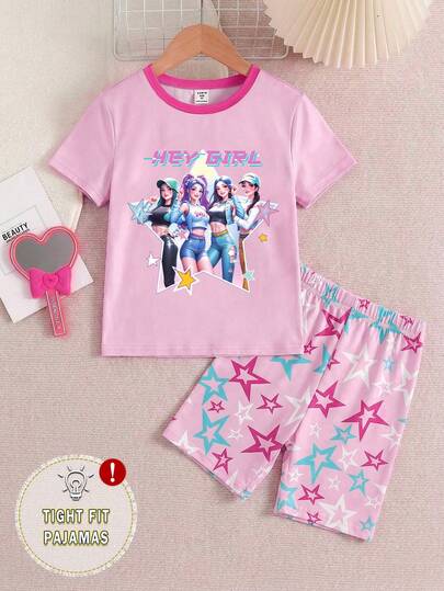 2pcs/Set Toddler Girls Cartoon Girl Print Short Sleeve Top And Colorful Star Print Shorts, Pink And Fuchsia Contrast Design, Knit Stretchy Fabric Casual Outfit