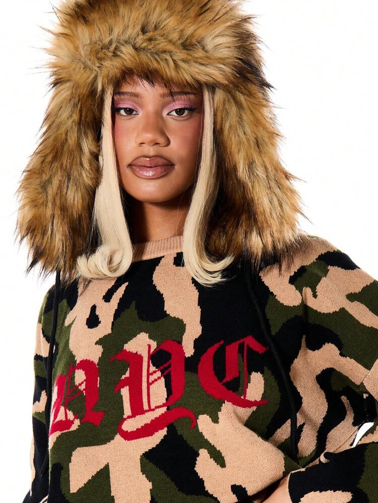 SUMWON WOMEN Oversized Camo Print Crew Neck Sweatshirt