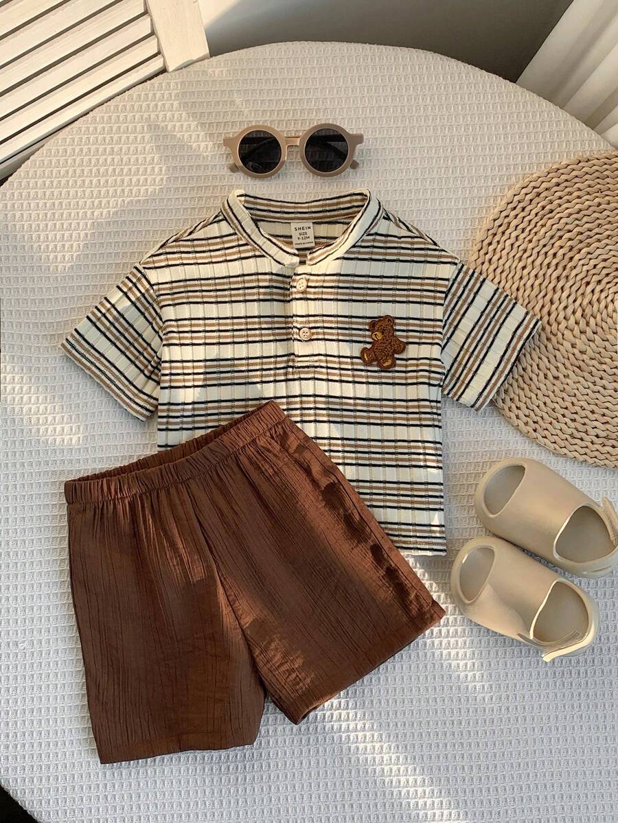 SHEIN 2pcs Baby Boy Summer Cute Casual Striped Collar Short Sleeve Shirt And Elastic Waist Shorts Set, Suitable For Birthday Party, Rave, Evening Party, Performance, Wedding, Baby Shower And 1st Birthday Celebration Brown Toddler Boy Outfit Boys Vacation Outfit Sets Boy Summer Outfit Set - Multicolor - View 1