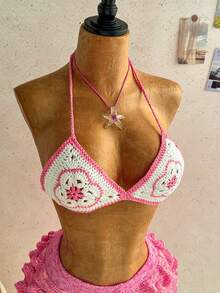 Soleia Women's Beach Vacation Casual Halter Sweater Bra & Shorts 2 Pieces Set - Pink - View 6