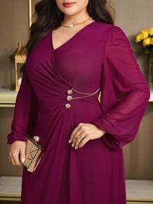 Feyla Plus Size Women's Solid Color V-Neck Maxi Party Dress - Hot Pink - View 4