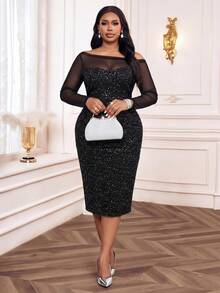 Fleurora 大码斜肩长袖修身亮片网纱拼接性感连衣裙 - 黑色 - 查看 5