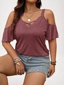 SHEIN LUNE Áo thun nữ cỡ lớn kiểu dáng thường ngày, hở vai, cổ chữ V, màu trơn, thích hợp cho mùa hè. - Màu Đỏ Sâu - Xem 5