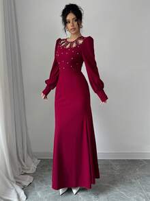 Modelyn Vestido ajustado elegante de punto de angora rojo con adornos de strass y bajo de cola de sirena para otoño/invierno, ropa de Año Nuevo, vestido largo de noche para mujer - Rojo - Ver 6