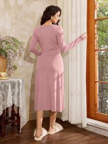 Côtesoire 优雅法式蕾丝拼接褶皱修身高品质女士睡裙，成熟优雅 - 粉色 - 查看 2