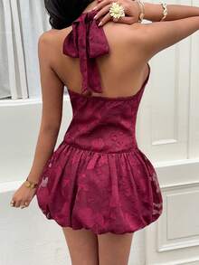 Sunnyshic Women's Casual Elegant Cutout Chiffon Texture Halter Tie Bow Hem Short Dress, Versatile For Daily Wear, Vacation, Spring/Summer - Burgundy - View 2