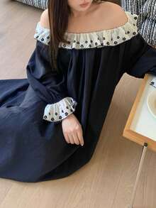 Dazy Plus Plus Size Color Block Polka Dot Off-Shoulder Loose Casual Flare Sleeve Long Nightgown, Spring/Summer Home Dress Pajamas - Royal Blue - View 5