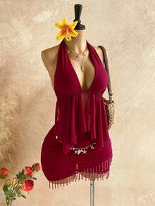 Soleia Spring/Summer New Casual Vacation Western Beach Wedding Guest Attire Graduation Brunch Women's Outfit, Elegant Boho Tropical Vacation Halter Neck Elegant Party Valentine's Day Beaded Tassel Backless 2-Piece Set - Burgundy - View 5