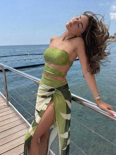 Bonvoyette 多件套女士沙滩装，时尚可爱度假海边派对纯色纹理面料金属配饰性感挂脖系带连体泳衣和抽绳印花长裙两件套