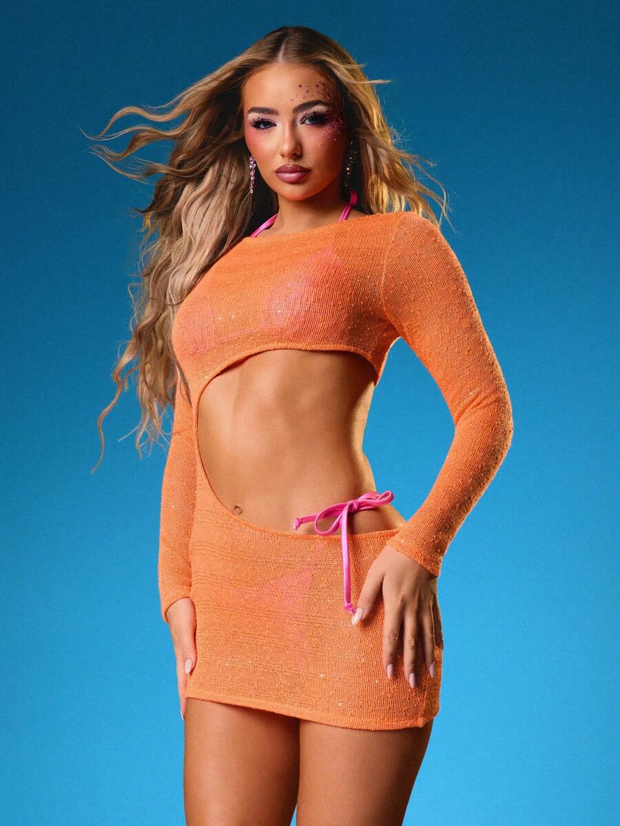 MISSGUIDED 镂空长袖针织迷你连衣裙，系带设计，修身罗纹针织连衣裙，适合夜间外出、派对、俱乐部、节日活动 - 橘色 - 查看 1