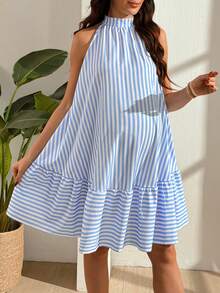 SHEIN Vestido de tirantes finos y sin mangas con falda acampanada a rayas - Azul y blanco - Ver 4