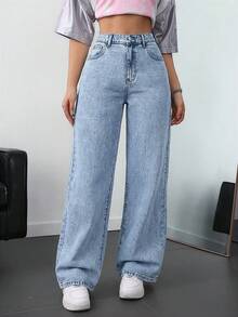 SHEIN ICON Plus Size Women Casual Pocket Straight Leg Jeans - Light Wash - View 7