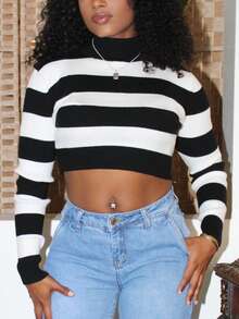 Steph T 秋冬双色立领短款毛衣、长袖上衣 - 黑與白 - 查看 6