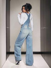 SHEIN PETITE Light Blue Casual Loose Fit Denim Bib Pants With Pockets - Light Wash - View 2
