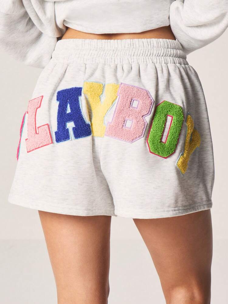 Missguided x Playboy Women's Casual Drawstring Jogger Shorts With Colorful Chenille Letter Applique And Elastic Waistband For Summer Loungewear