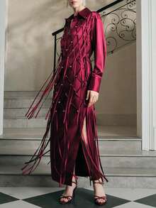 Anewsta 女士长袖衬衫，格子图案，流苏，亮片和珠饰装饰，春秋季 - 酒紅色 - 查看 4